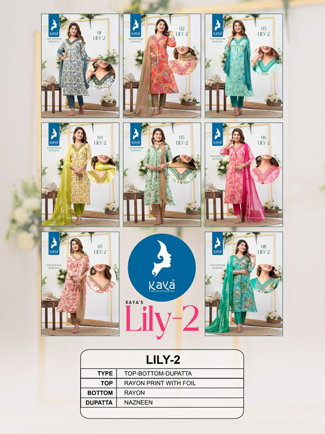 Lily 2 By Kaya Rayon Foil Printed Kurti With Bottom Dupatta Wholesale Price In Surat